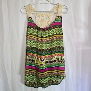 Daytrip Boho Crochet Back Tank Top M Ikat Tribal Festival Flowy Colorful